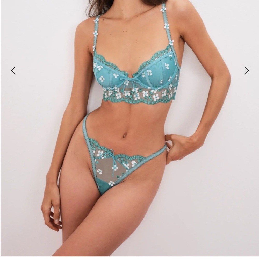 For Love & Lemons Daisy Embroidered Longline Bra Jade Teal White Size 38C - Picture 2 of 12